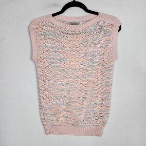 Vintage Joyce Pastel Pink Knit Sweater Vest Ribbed Sleeveless Loose Knit Sz L